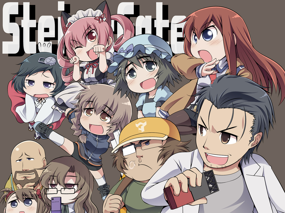 amane_suzuha, chibi, faris_nyannyan, hashida_itaru, kiryuu_moeka, makise_kurisu, male, okabe_rintarou, otoko_no_ko, shiina_mayuri, steins;gate, tennouji_nae, tennouji_yuugo, urushibara_ruka