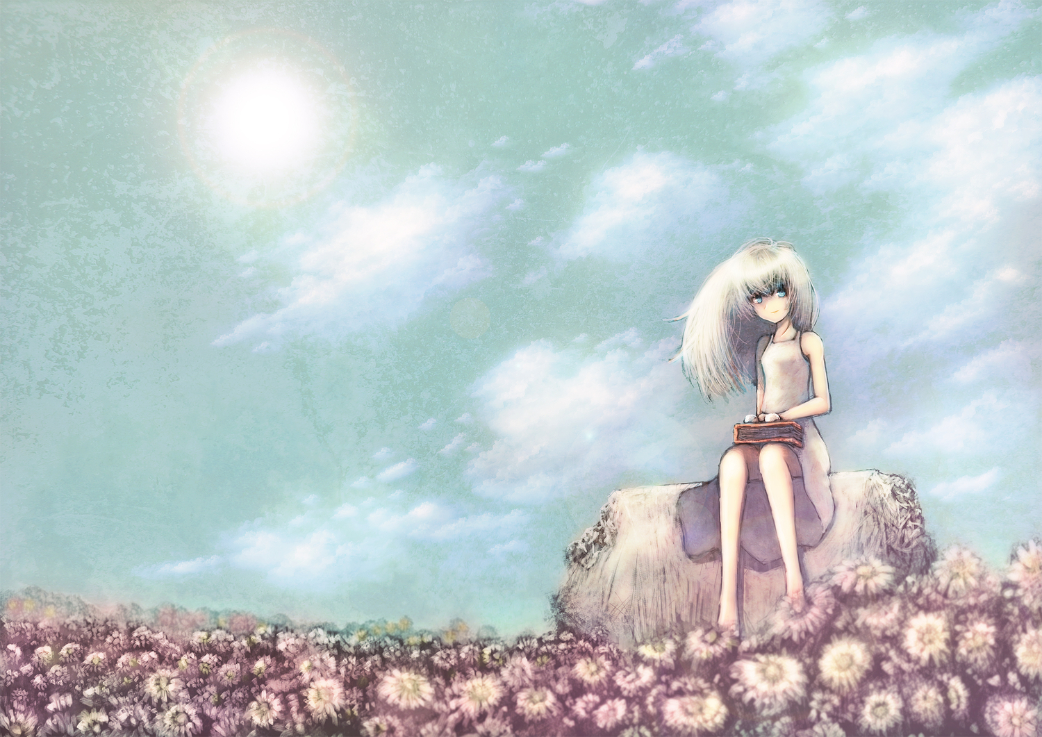aqua_eyes, barefoot, blackball, clouds, dress, flowers, original, sky