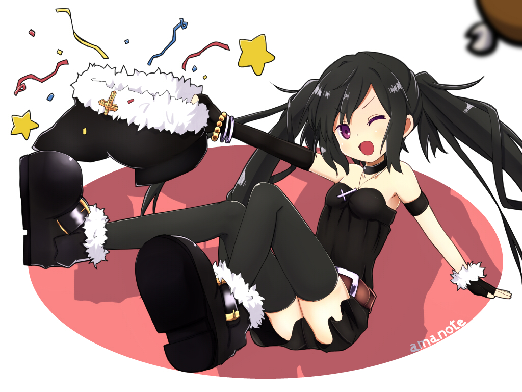 amano_(els573), black_hair, boots, original, purple_eyes, skirt, twintails, wink