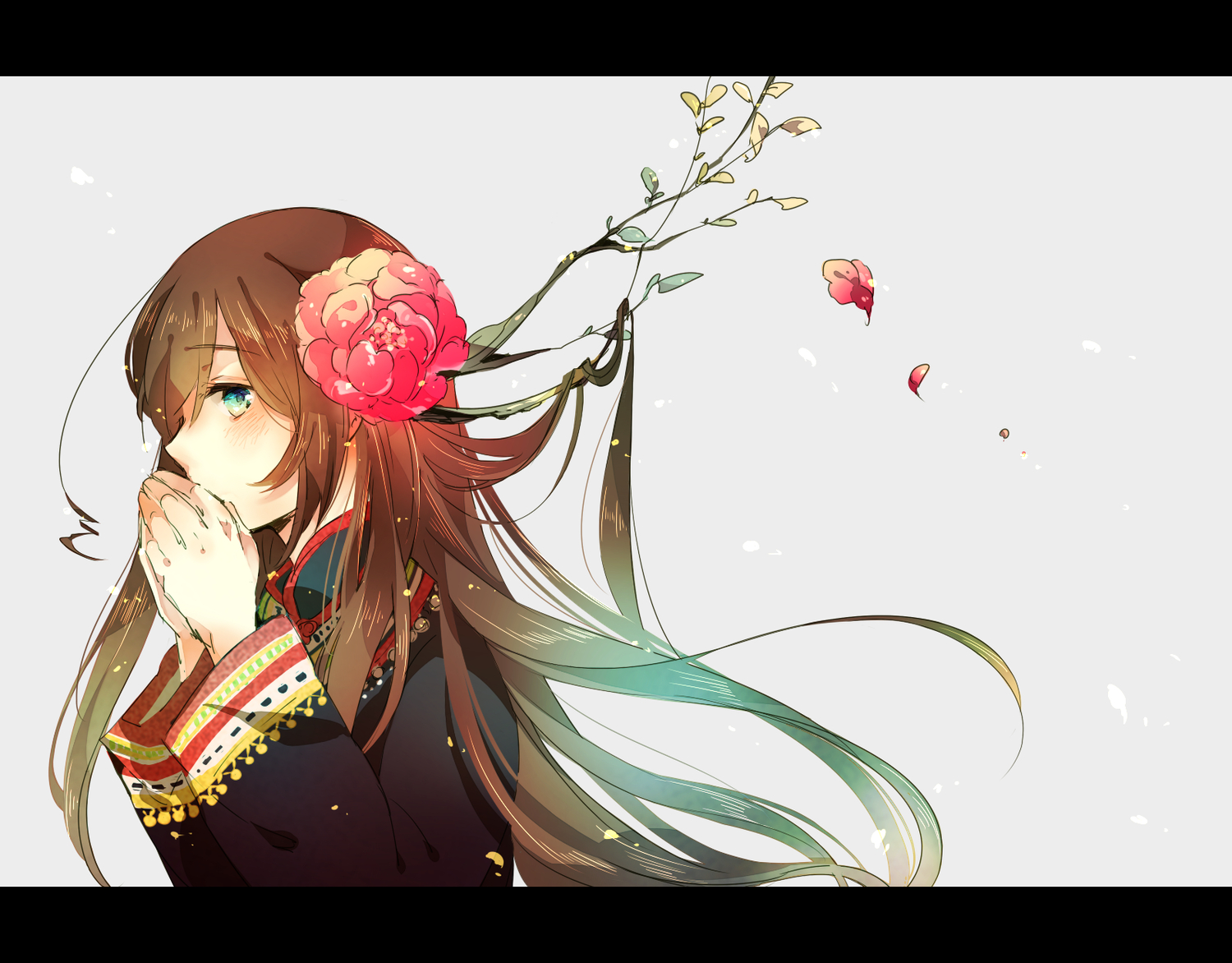 anthropomorphism, aqua_eyes, axis_powers_hetalia, blush, brown_hair, flowers, kamitsuki, long_hair, petals, taiwan_(hetalia)