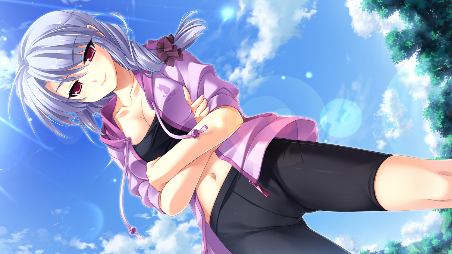 bike_shorts, cabbit, cameltoe, clouds, game_cg, gray_hair, midori_no_umi, navel, saeki_hokuto, sara_(midori_no_umi), shorts, sky