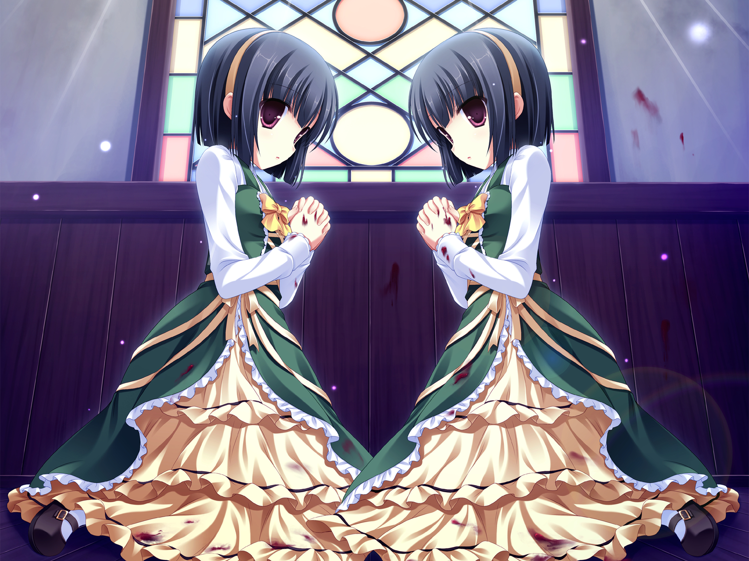 black_hair, blood, cabbit, dress, game_cg, loli, lolita_fashion, midori_no_umi, rikuno, short_hair, sorane, twins, yukie