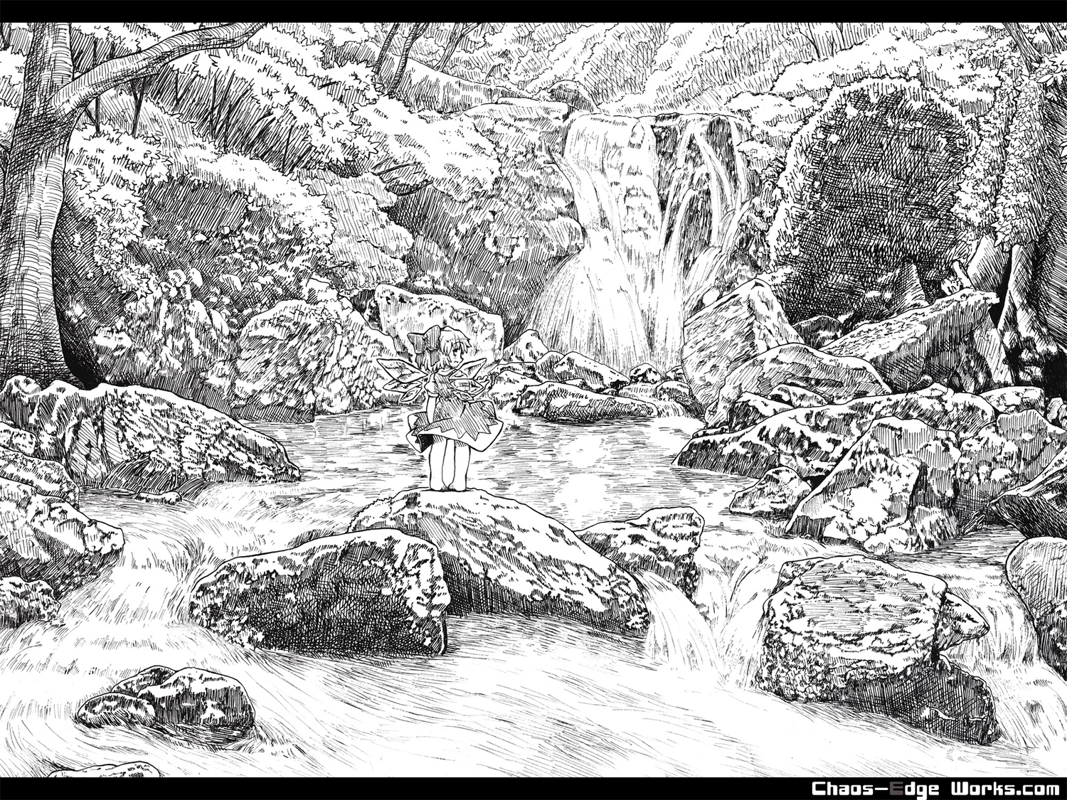 bow, cirno, dress, etogami_kazuya, fairy, forest, monochrome, short_hair