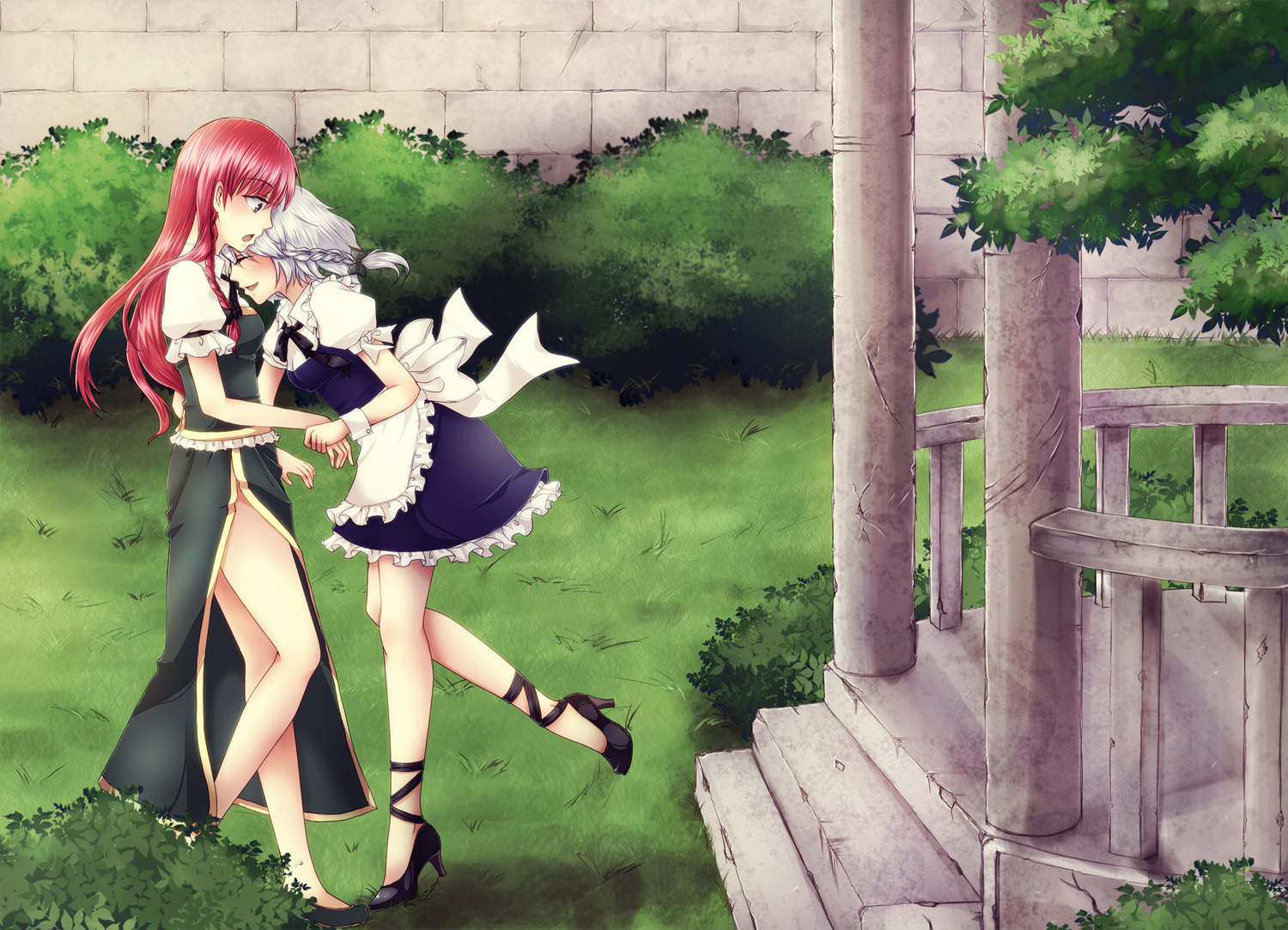 2girls, blue_eyes, braids, dress, geike, hong_meiling, izayoi_sakuya, landscape