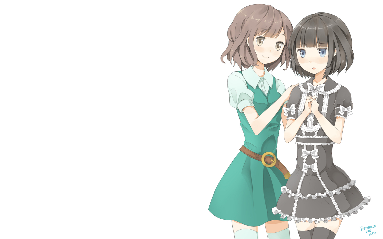 2girls, black_hair, blue_eyes, blush, bow, brown_eyes, brown_hair, dress