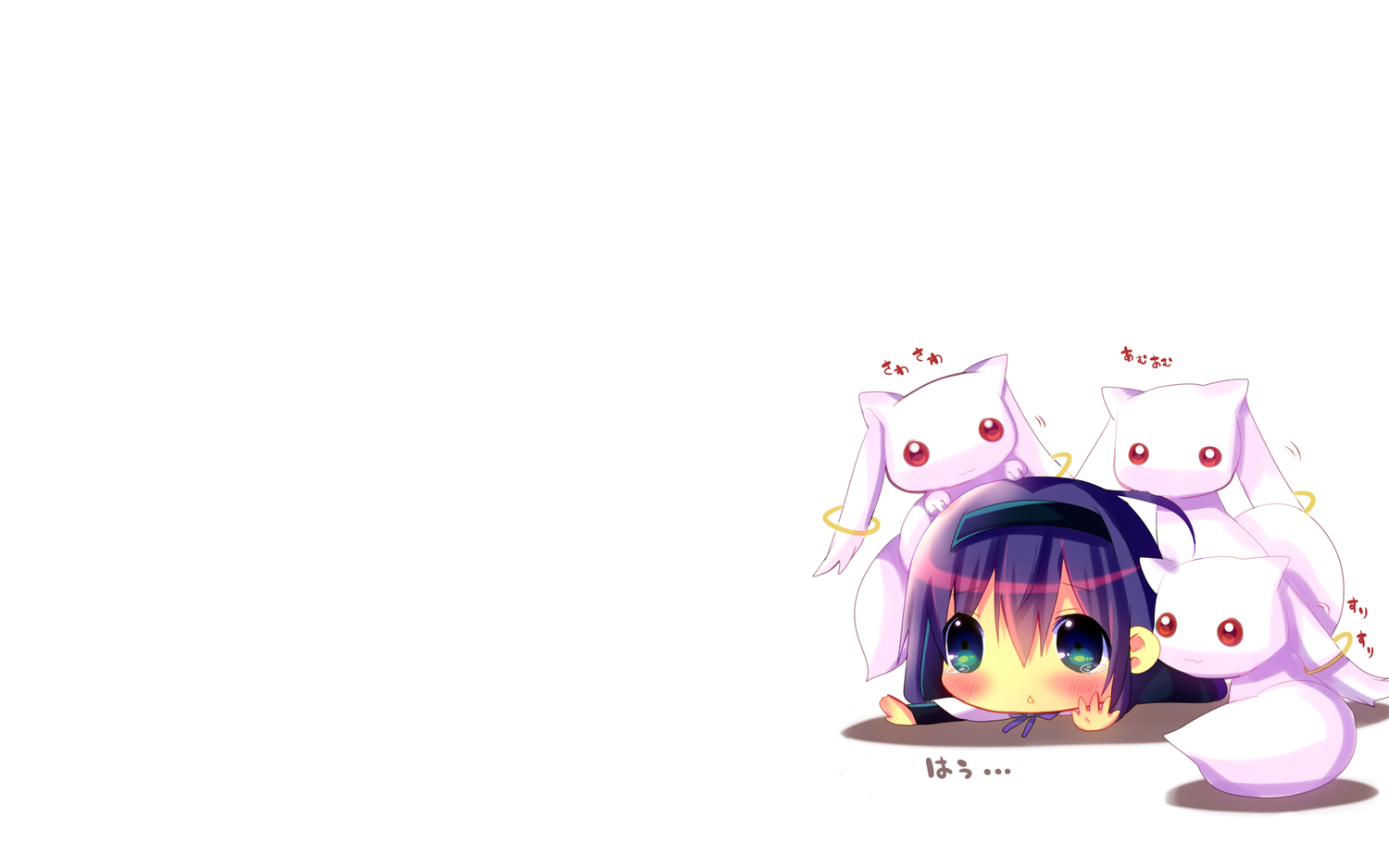 akemi_homura, blush, cat_smile, chibi, hina_hina, kyuubee, long_hair, mahou_shoujo_madoka_magica