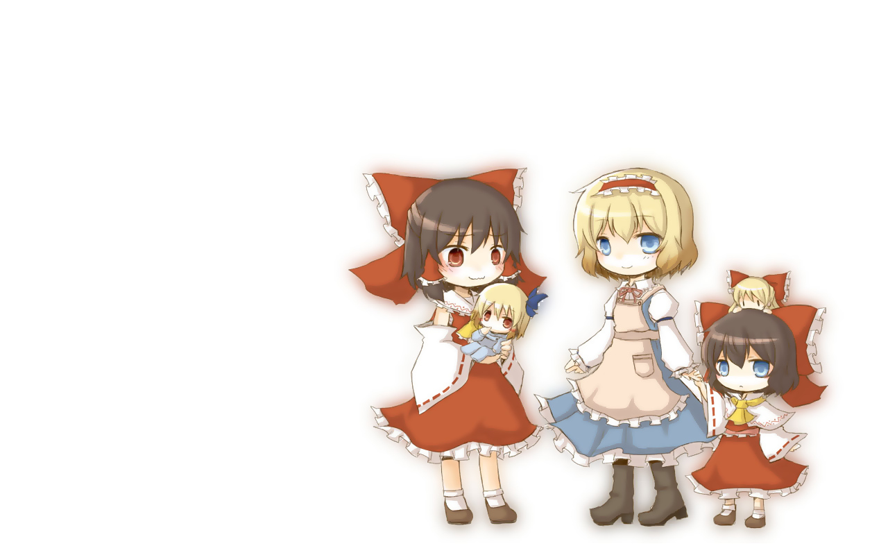 alice_margatroid, blonde_hair, blue_hair, blush, brown_hair, cat_smile, hakurei_reimu, ico_(pixiv296601), japanese_clothes, miko, red_eyes, short_hair, touhou, white