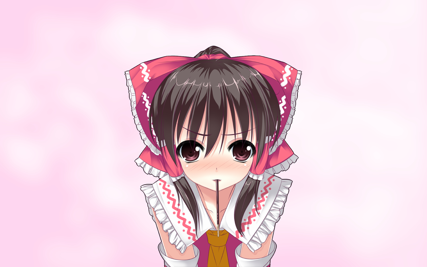 aosi_(pixiv_501017), black_hair, blush, brown_eyes, food, hakurei_reimu, japanese_clothes, miko, pink, pocky, ponytail, touhou