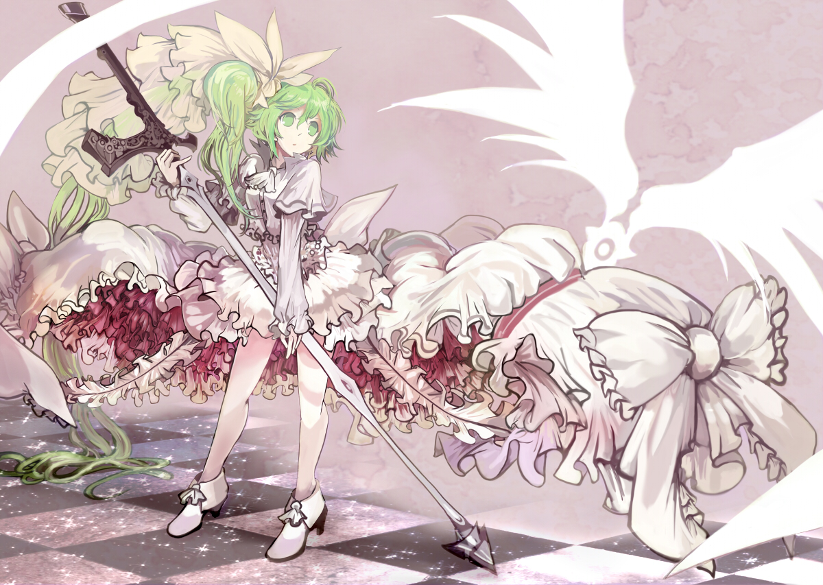 dress, green_eyes, green_hair, long_hair, original, ryuuri_susuki, sword, weapon