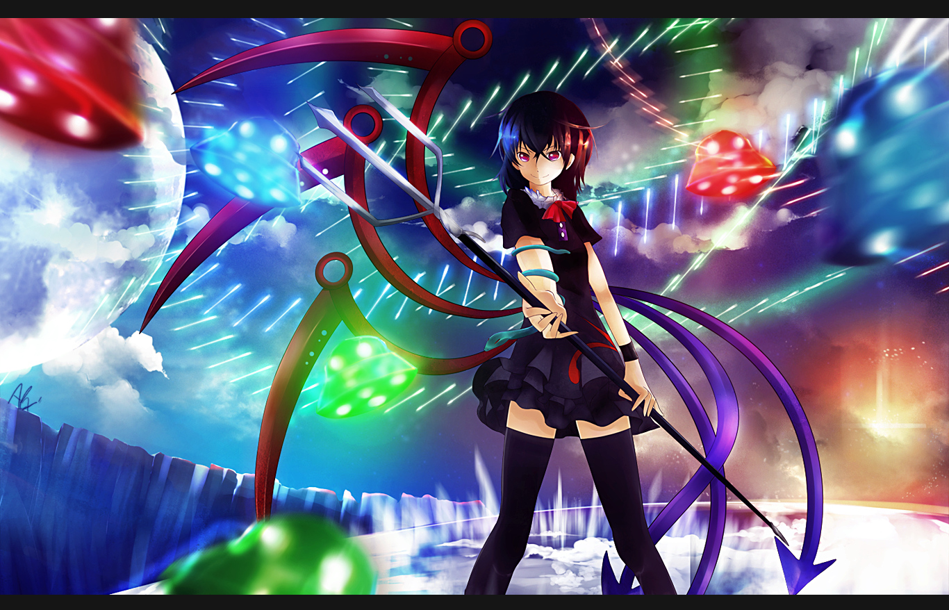 alxz, black_hair, clouds, dress, houjuu_nue, moon, red_eyes, short_hair, thighhighs, touhou, weapon, wings, wristwear