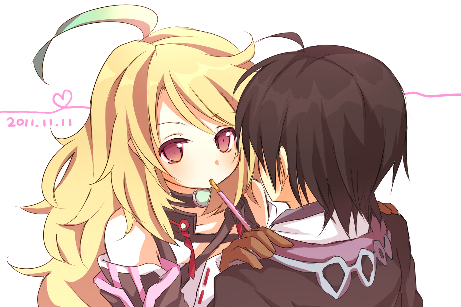blonde_hair, food, jude_mathis, milla_maxwell, pocky, red_eyes, tales_of_xillia
