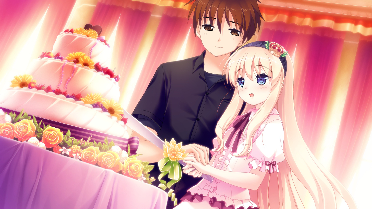 blonde_hair, blue_eyes, brown_eyes, brown_hair, cake, food, game_cg, haruka_ruha