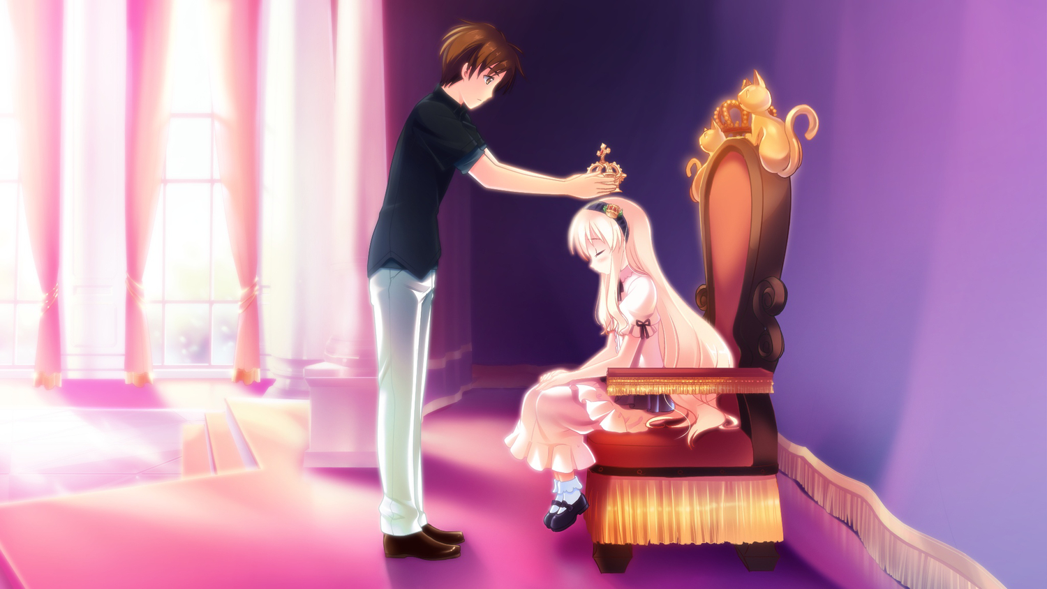 blonde_hair, brown_eyes, brown_hair, crown, dress, game_cg, haruka_ruha, isami_hayato