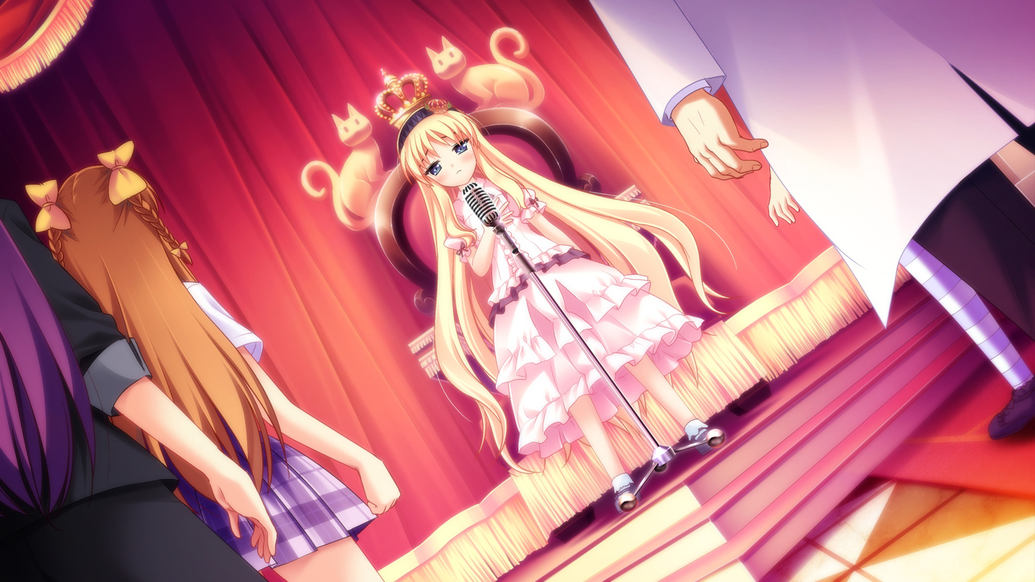 blue_eyes, brown_hair, crown, dress, game_cg, haruka_ruha, kazamine_suzuka, long_hair