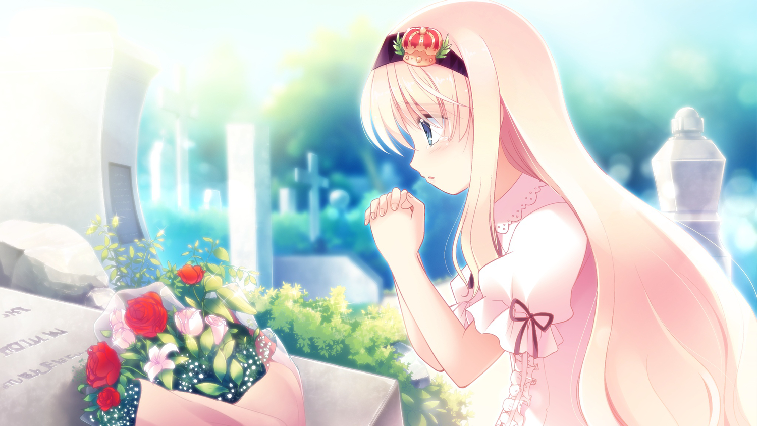 blonde_hair, blue_eyes, crying, flowers, game_cg, haruka_ruha, pulltop, shinsei_ni_shite_okasubekarazu
