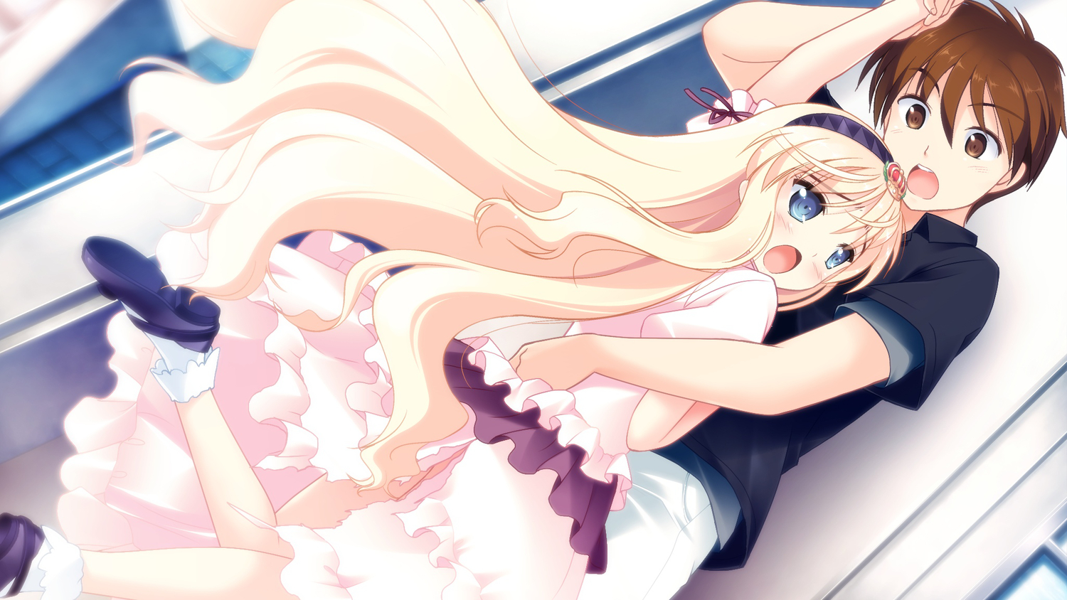 blonde_hair, blue_eyes, brown_eyes, brown_hair, dress, game_cg, haruka_ruha, isami_hayato