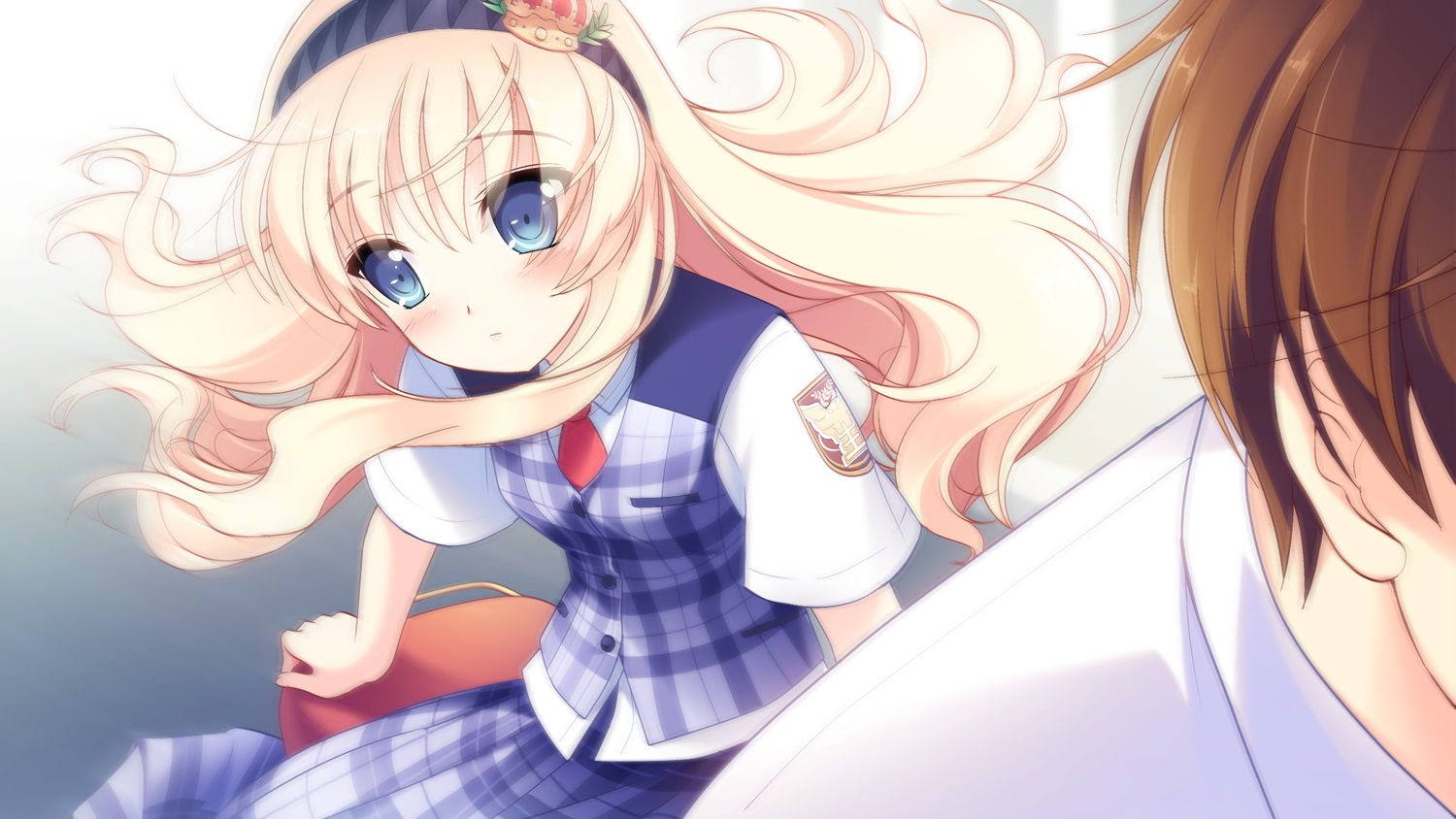 blonde_hair, blue_eyes, blush, brown_hair, game_cg, haruka_ruha, headband, isami_hayato