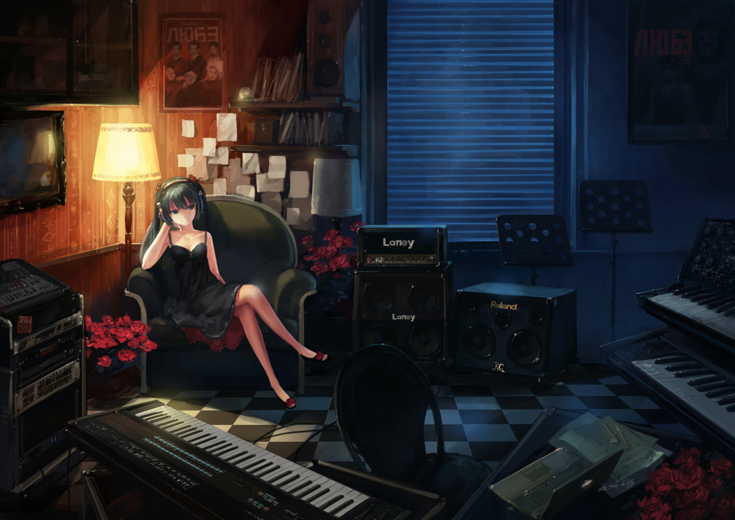dress, flowers, green_eyes, green_hair, hatsune_miku, headphones, hjl, instrument