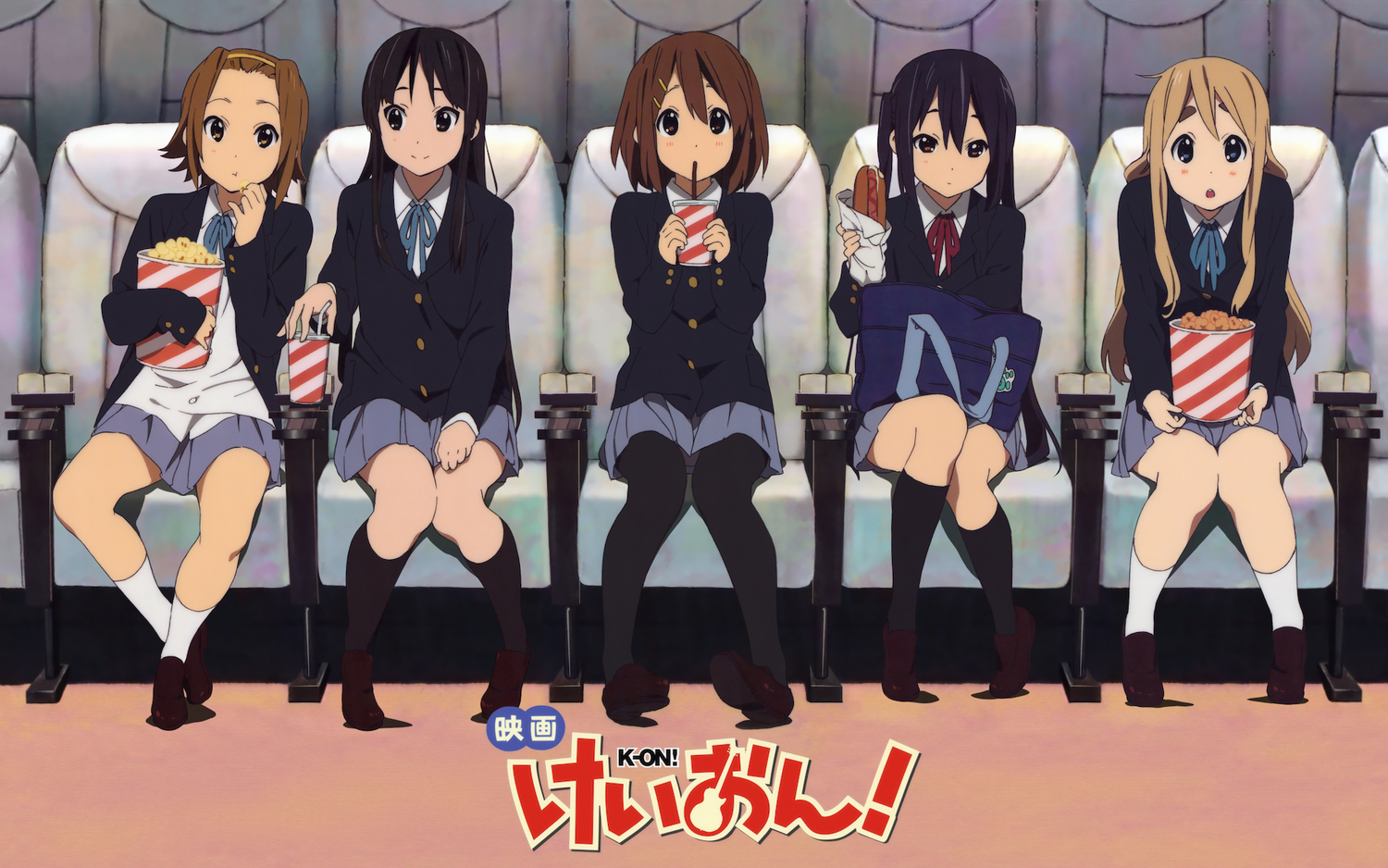 akiyama_mio, drink, food, headband, hirasawa_yui, horiguchi_yukiko, kneehighs, k-on!, kotobuki_tsumugi, nakano_azusa, pantyhose, school_uniform, tainaka_ritsu, twintails