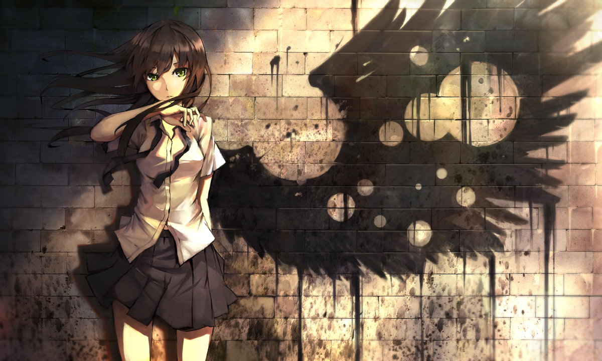black_hair, brown_hair, green_eyes, long_hair, original, seafh, skirt, wings