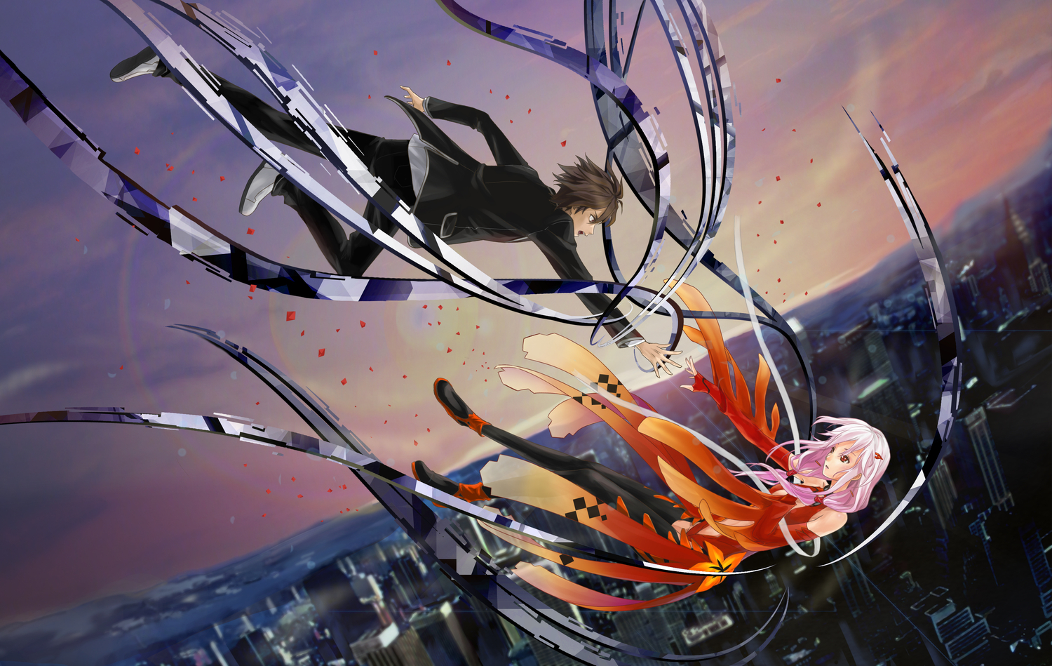 brown_hair, guilty_crown, long_hair, male, ouma_shu, purple_hair, short_hair, yuzuriha_inori