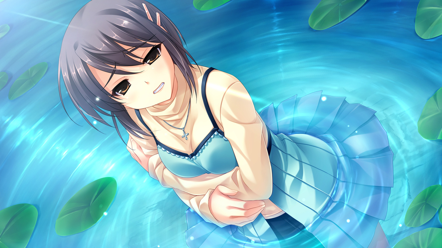 cabbit, game_cg, gray_hair, makina_(midori_no_umi), midori_no_umi, saeki_hokuto, short_hair, skirt, water, yellow_eyes