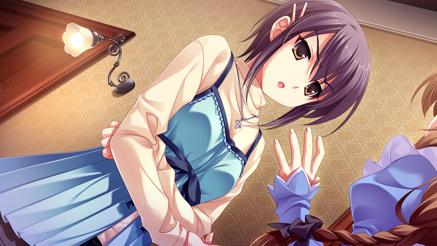 2girls, brown_hair, cabbit, dress, game_cg, gray_hair, haina_(midori_no_umi), long_hair, makina_(midori_no_umi), midori_no_umi, short_hair, yukie