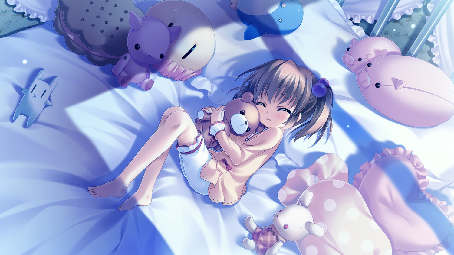 barefoot, bed, brown_hair, cabbit, doll, game_cg, loli, long_hair, midori_no_umi, sleeping, tsumugi_(midori_no_umi), yukie