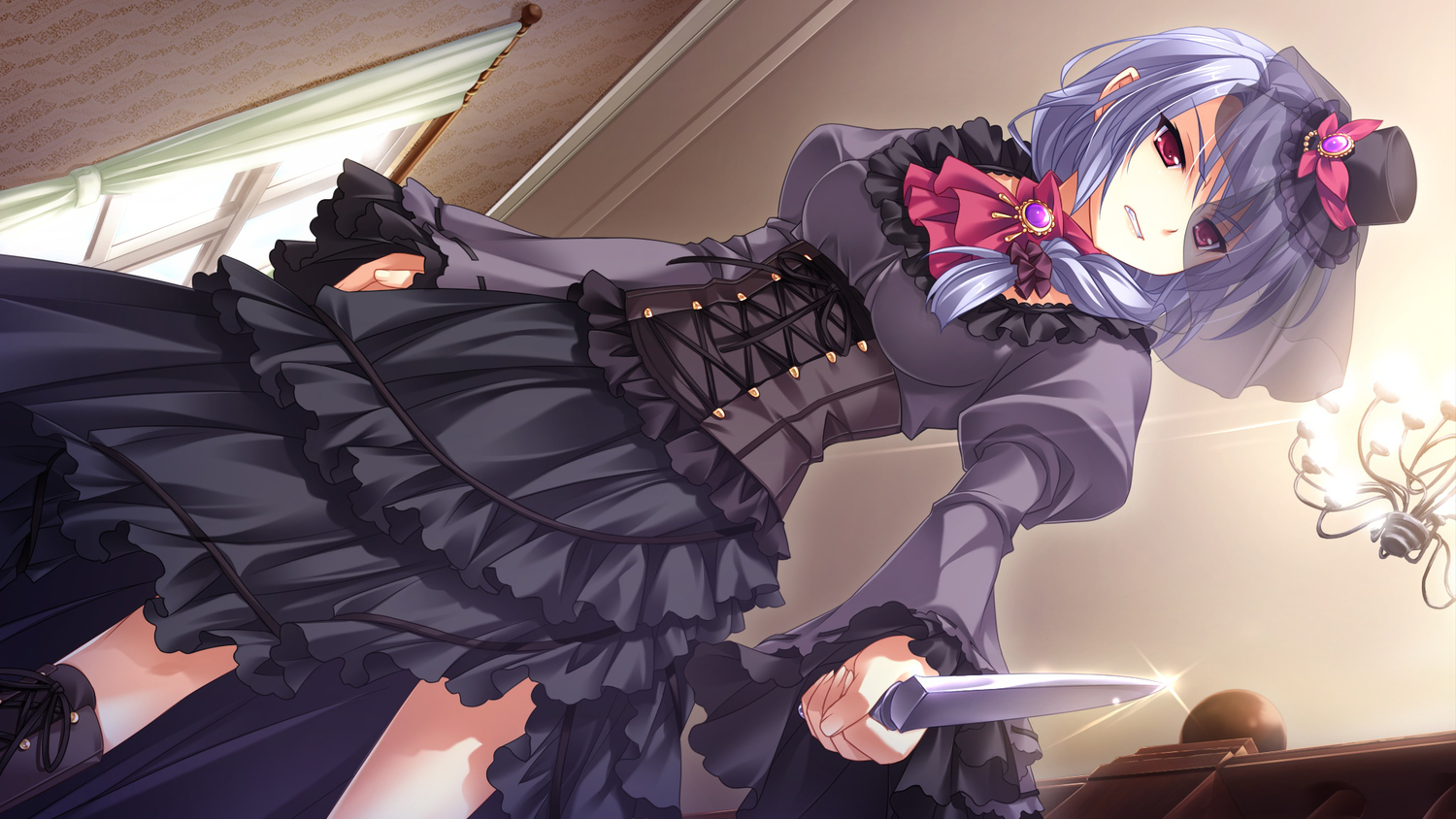 cabbit, dress, game_cg, gothic, goth-loli, knife, lolita_fashion, long_hair, midori_no_umi, red_eyes, sara_(midori_no_umi), weapon, white_hair, yukie