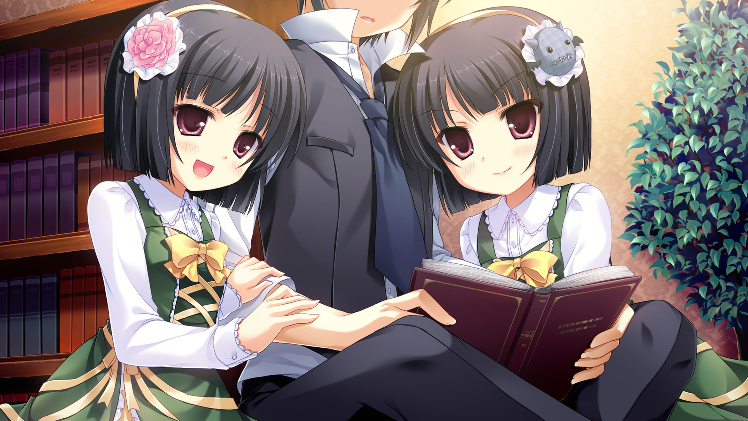 black_hair, book, cabbit, dress, game_cg, headband, kai_(midori_no_umi), loli