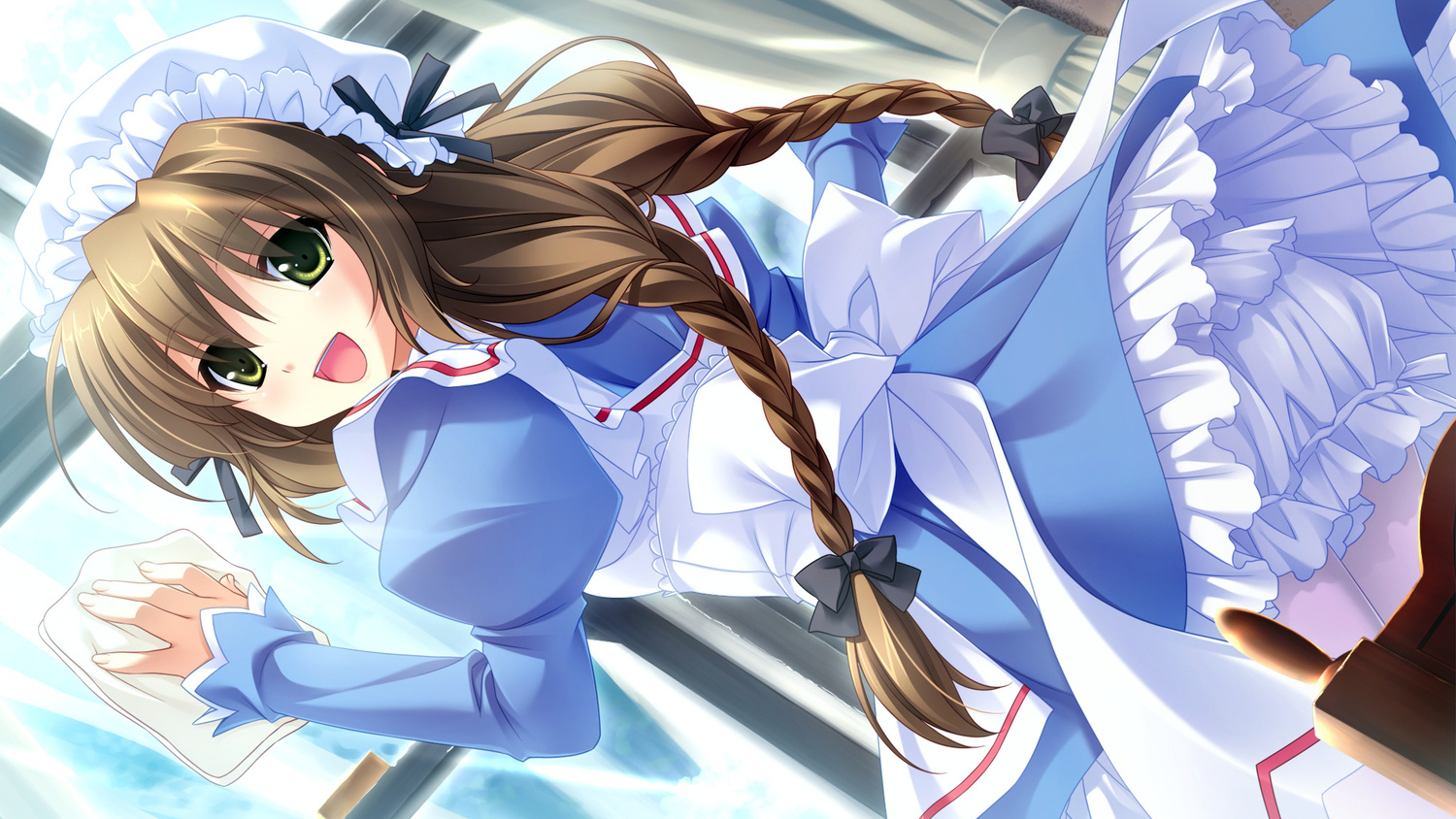 bloomers, braids, brown_hair, cabbit, game_cg, green_eyes, haina_(midori_no_umi), long_hair, midori_no_umi, yukie
