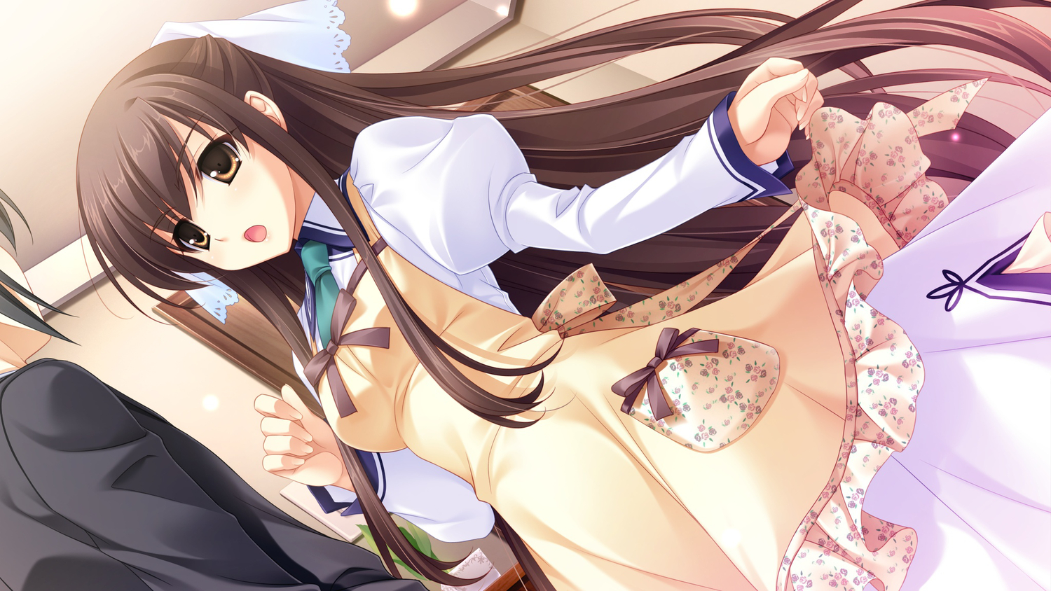 brown_hair, cabbit, dress, game_cg, kai_(midori_no_umi), long_hair, michiru_(midori_no_umi), midori_no_umi