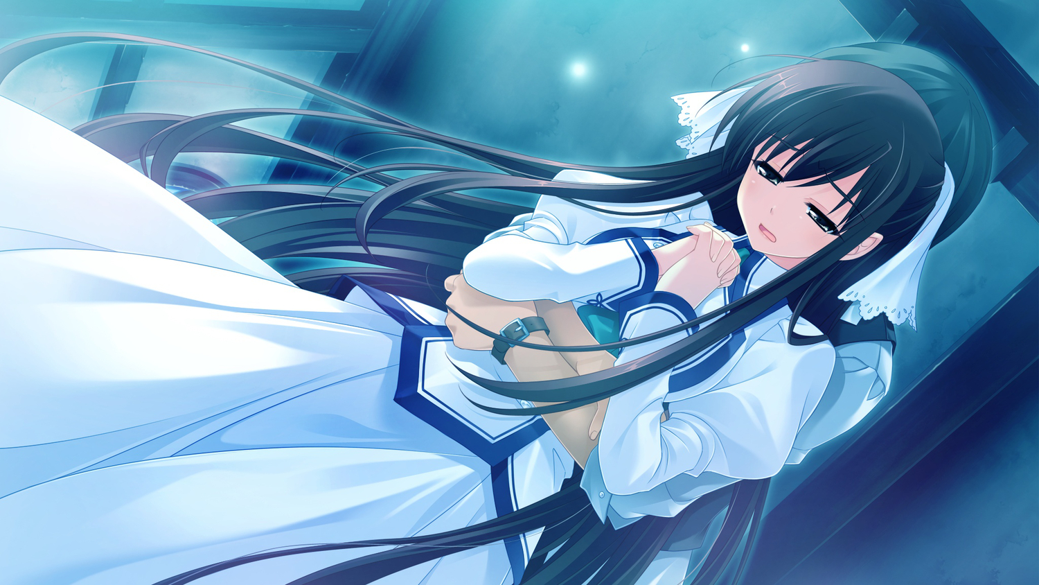 black_hair, cabbit, dress, game_cg, kai_(midori_no_umi), long_hair, michiru_(midori_no_umi), midori_no_umi