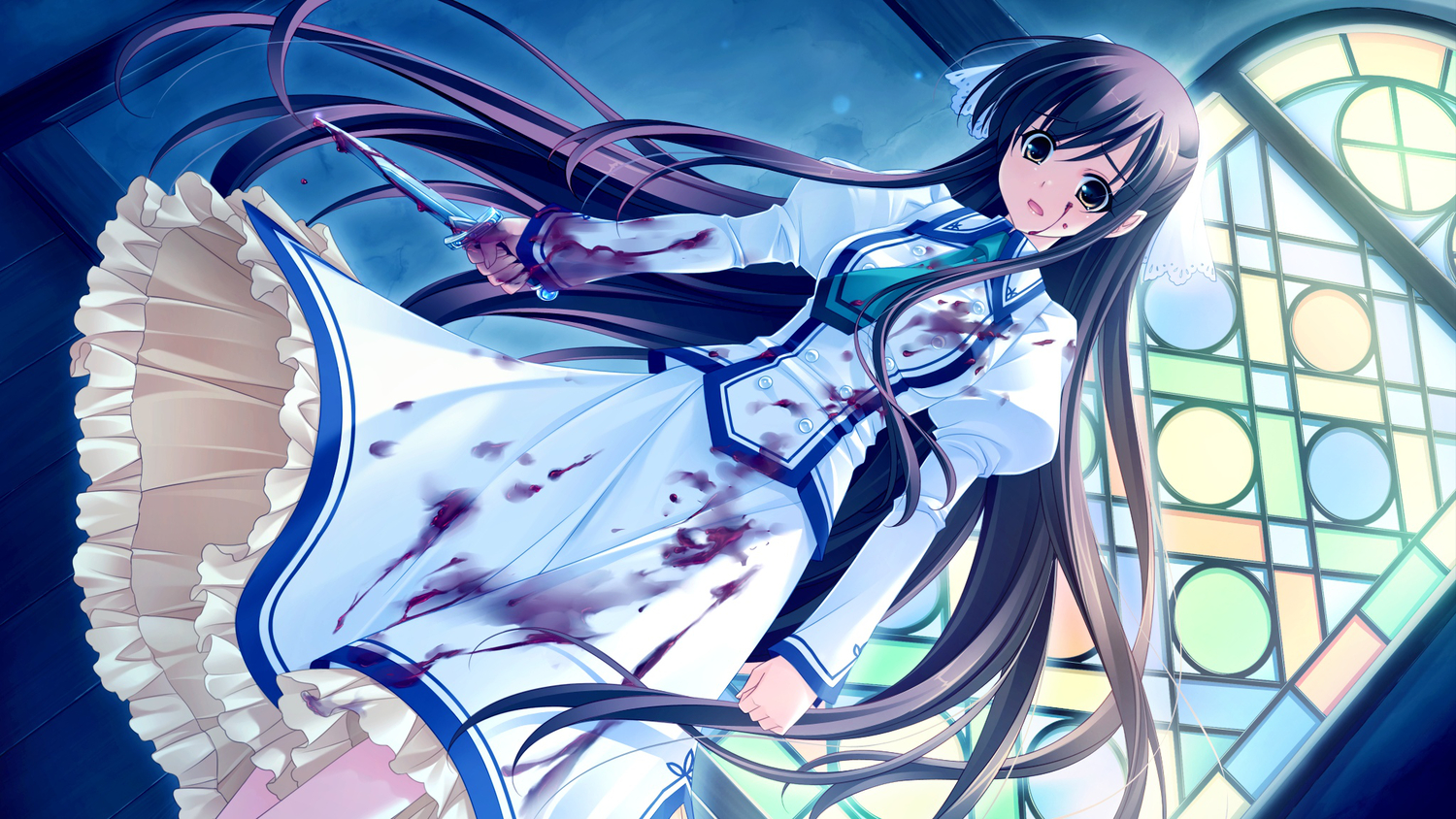 blood, brown_eyes, brown_hair, cabbit, dress, game_cg, knife, long_hair