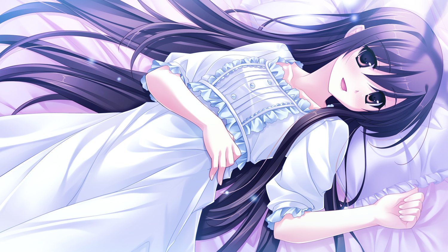 bed, black_hair, brown_eyes, cabbit, dress, game_cg, long_hair, michiru_(midori_no_umi)