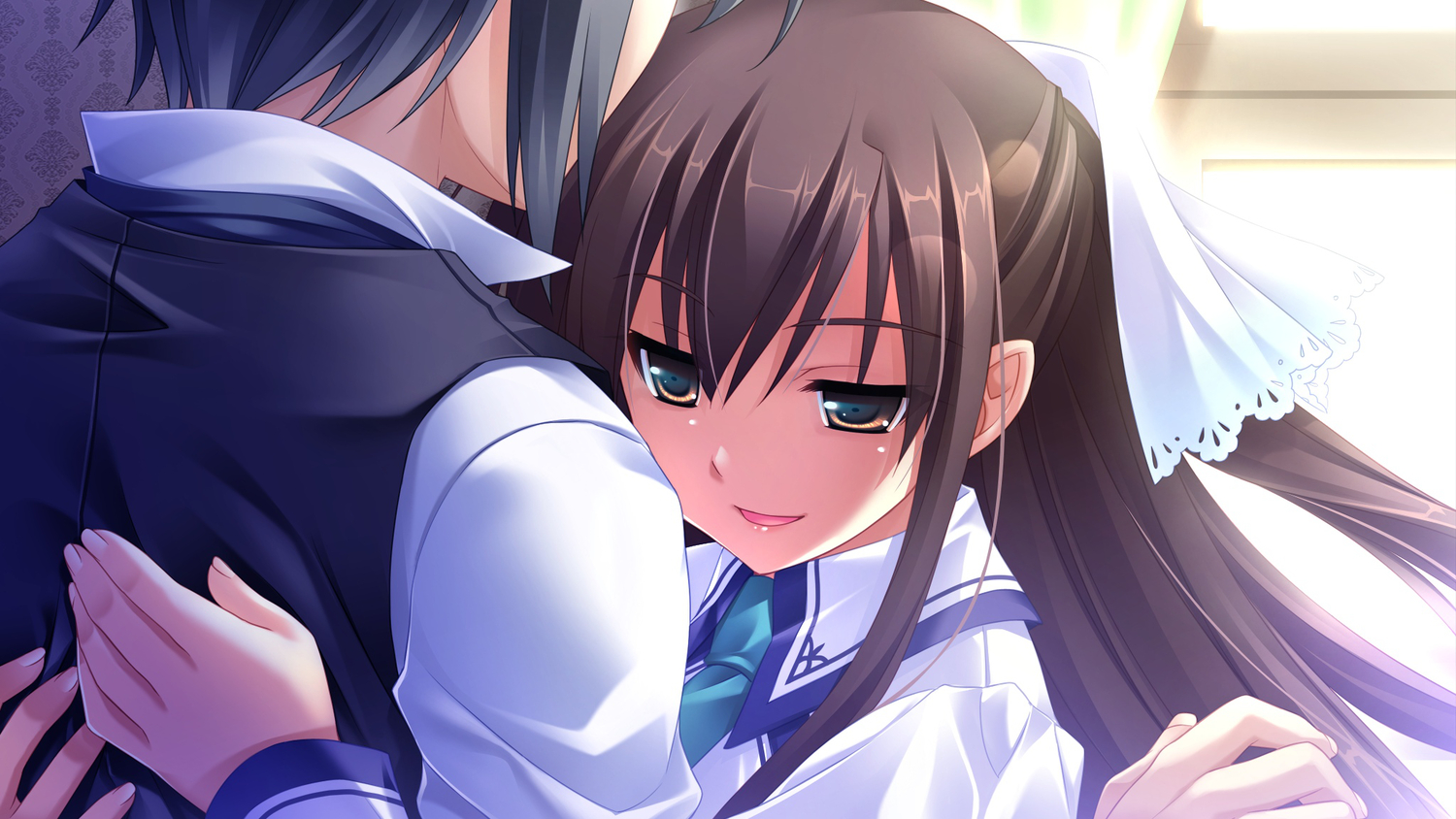 black_hair, brown_eyes, brown_hair, cabbit, game_cg, hug, kai_(midori_no_umi), long_hair