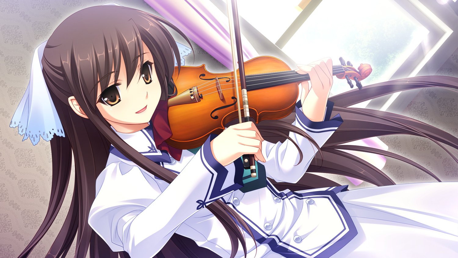 brown_eyes, brown_hair, cabbit, game_cg, instrument, long_hair, michiru_(midori_no_umi), midori_no_umi