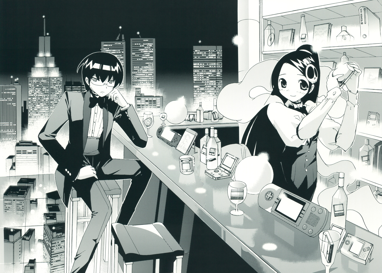 elsee_de_ruth_ima, glasses, kami_nomi_zo_shiru_sekai, katsuragi_keima, monochrome, wakaki_tamiki