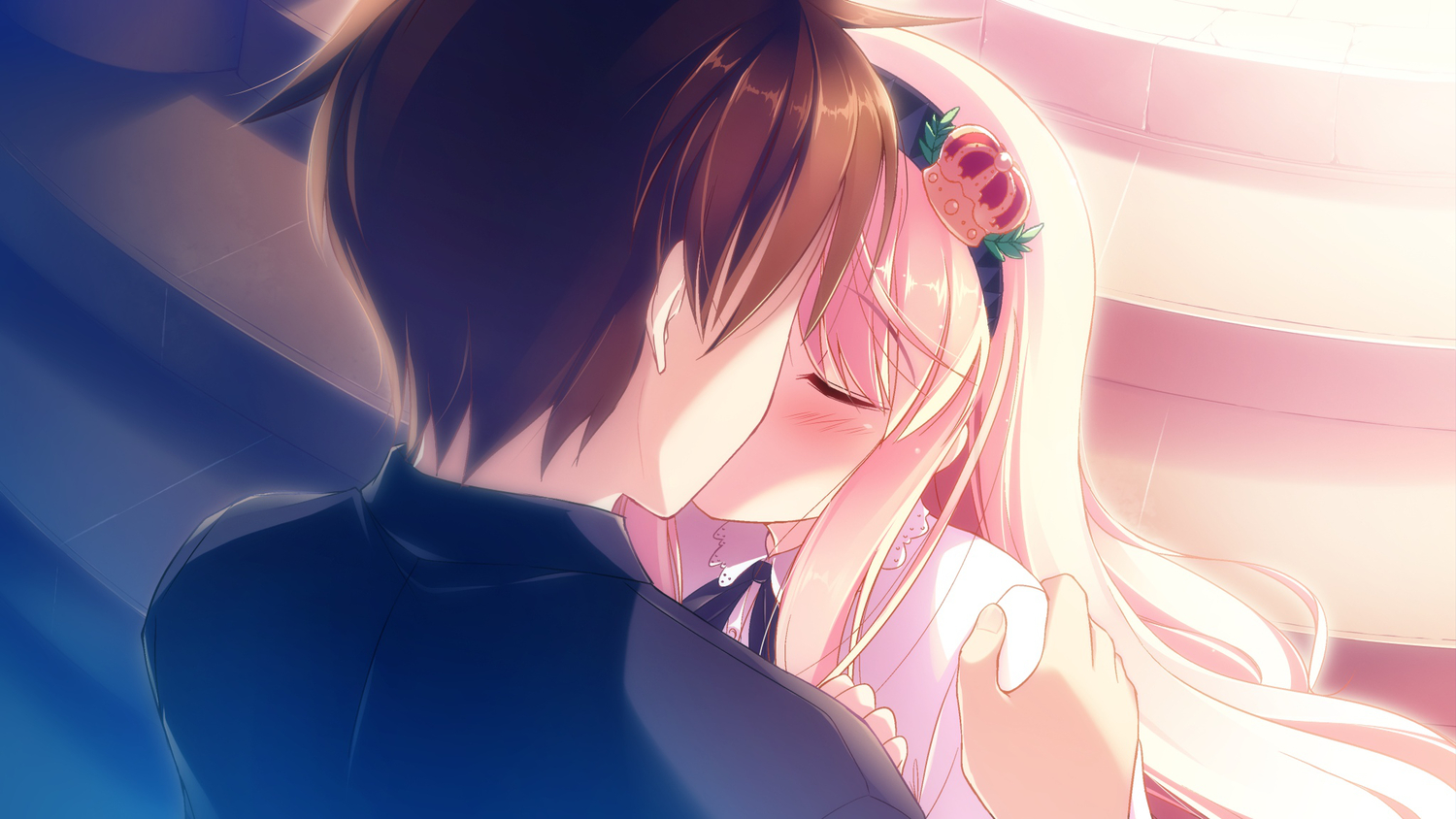 blonde_hair, blush, brown_hair, game_cg, haruka_ruha, isami_hayato, kiss, long_hair