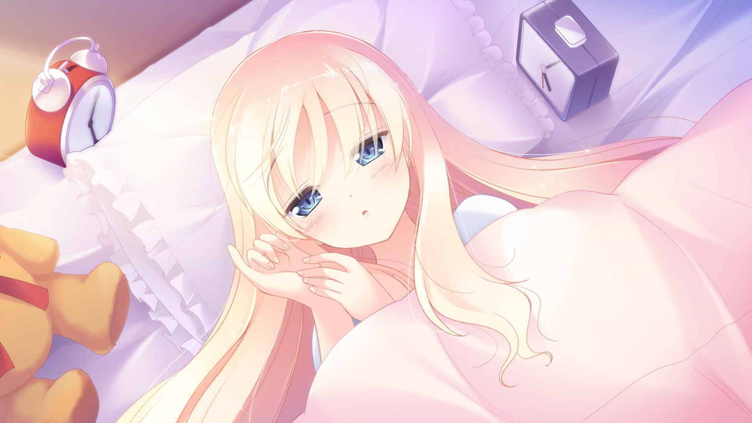 bed, blonde_hair, blue_eyes, game_cg, haruka_ruha, long_hair, pulltop, shinsei_ni_shite_okasubekarazu