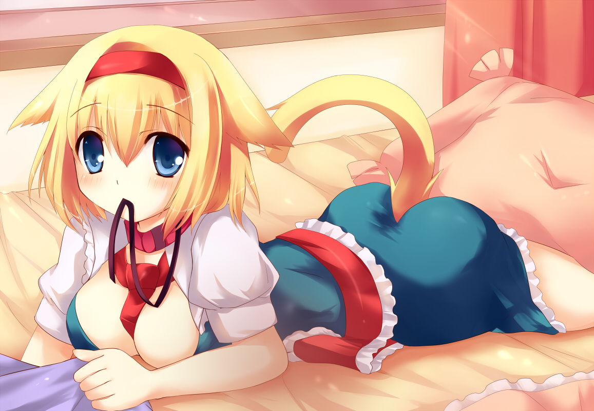 alice_margatroid, animal_ears, bed, blonde_hair, blue_eyes, breasts, catgirl, cleavage, collar, pirika, short_hair, tail, tie, touhou