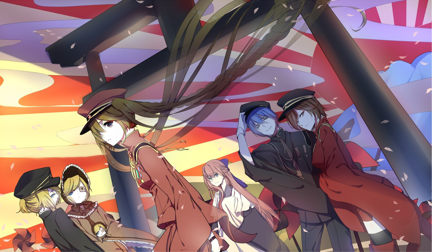 apron, black_eyes, blonde_hair, blue_eyes, blue_hair, brown_eyes, brown_hair, doll, eyepatch, gloves, group, hat, hatsune_miku, japanese_clothes, jpeg_artifacts, kagamine_len, kagamine_rin, kaito, long_hair, male, megurine_luka, meiko, nicohi, petals, pink_hair, ponytail, ribbons, senbon-zakura_(vocaloid), short_hair, thighhighs, torii, twintails, uniform, vocaloid