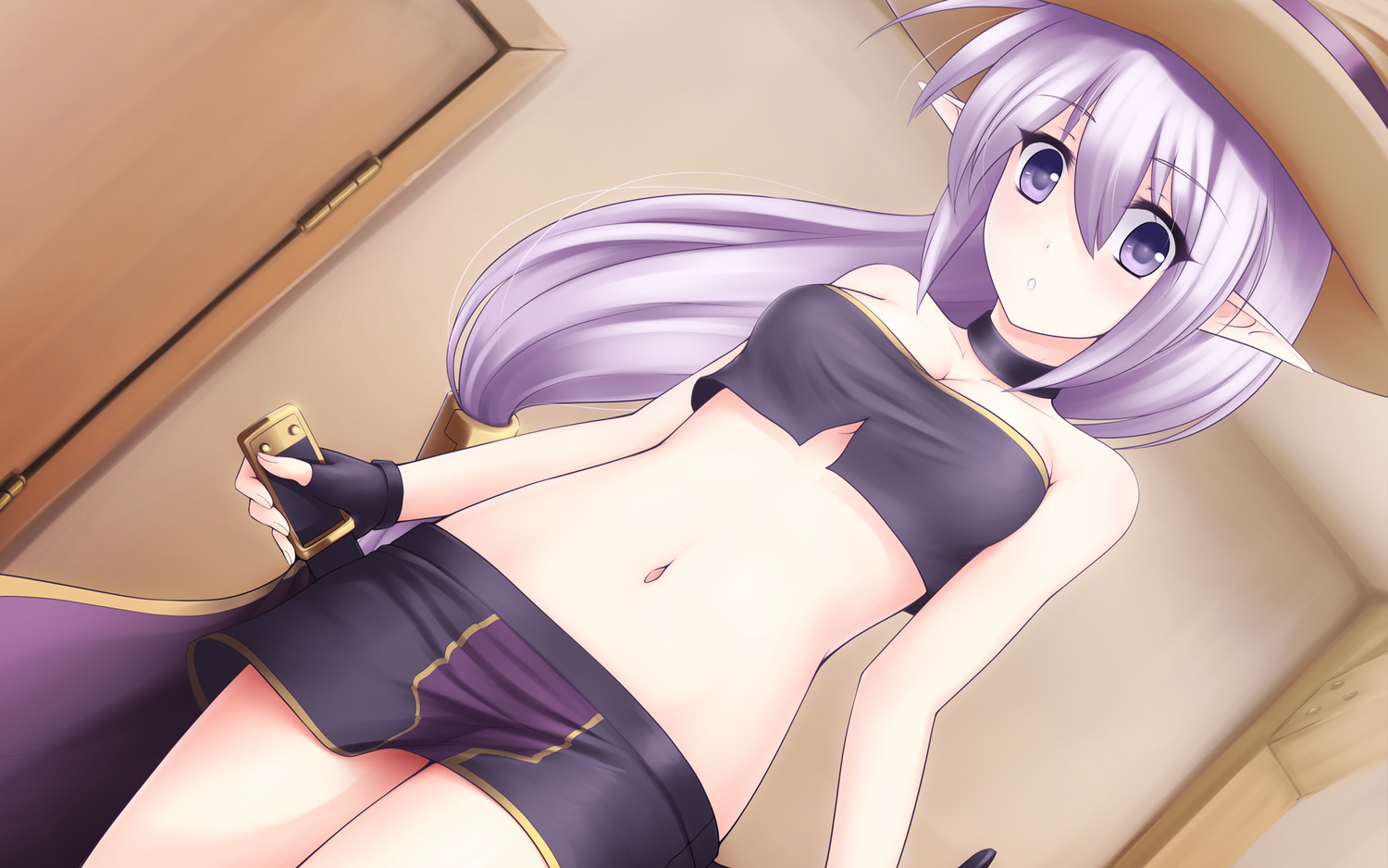 hat, kaleina_(ricegnat), original, phone, pointed_ears, ponytail, purple_eyes, purple_hair, ricegnat