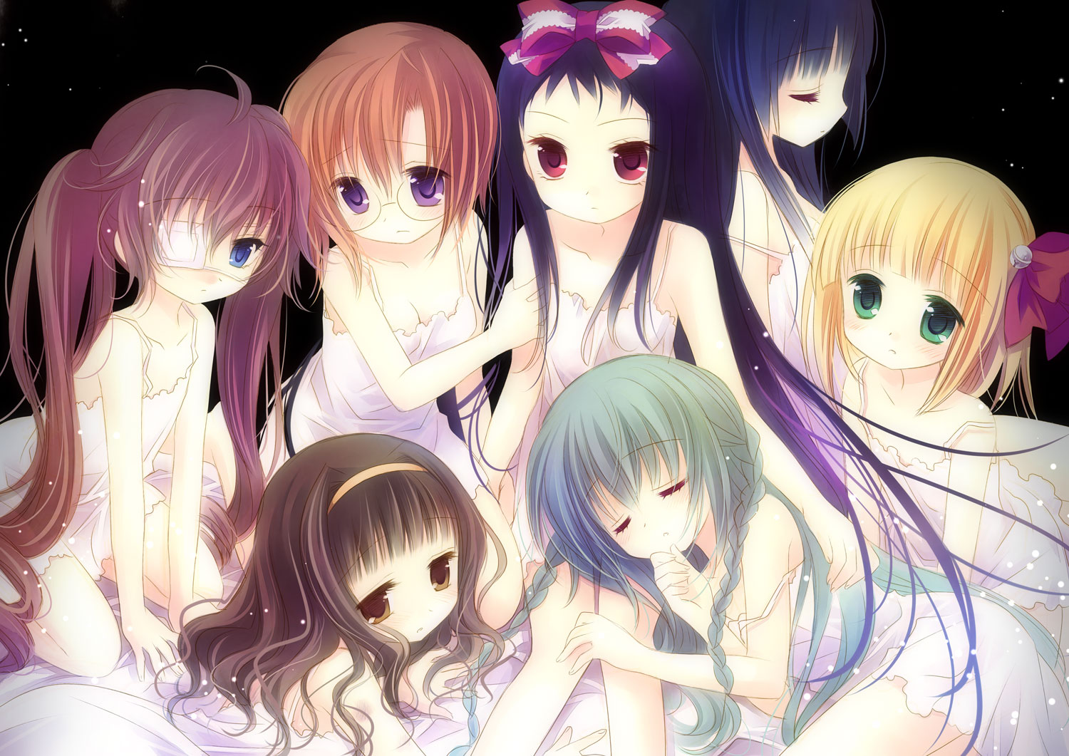 dress, eyepatch, glasses, green_eyes, higanbana_no_saku_yoru_ni, jpeg_artifacts, kasunoki_midori, long_hair, moriya_maria, numata_youko, odoru_higanbana, purple_eyes, red_eyes, sakurada_michiru, sakurazawa_izumi, sumire_(higanbana_no_saku_yoru_ni), tagme