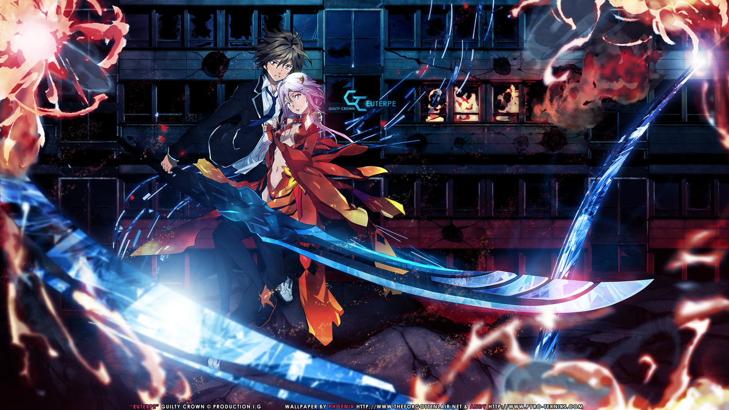 black_hair, breasts, brown_eyes, cleavage, guilty_crown, male, navel, ouma_shu, pink_hair, red_eyes, sword, tie, weapon, yuzuriha_inori