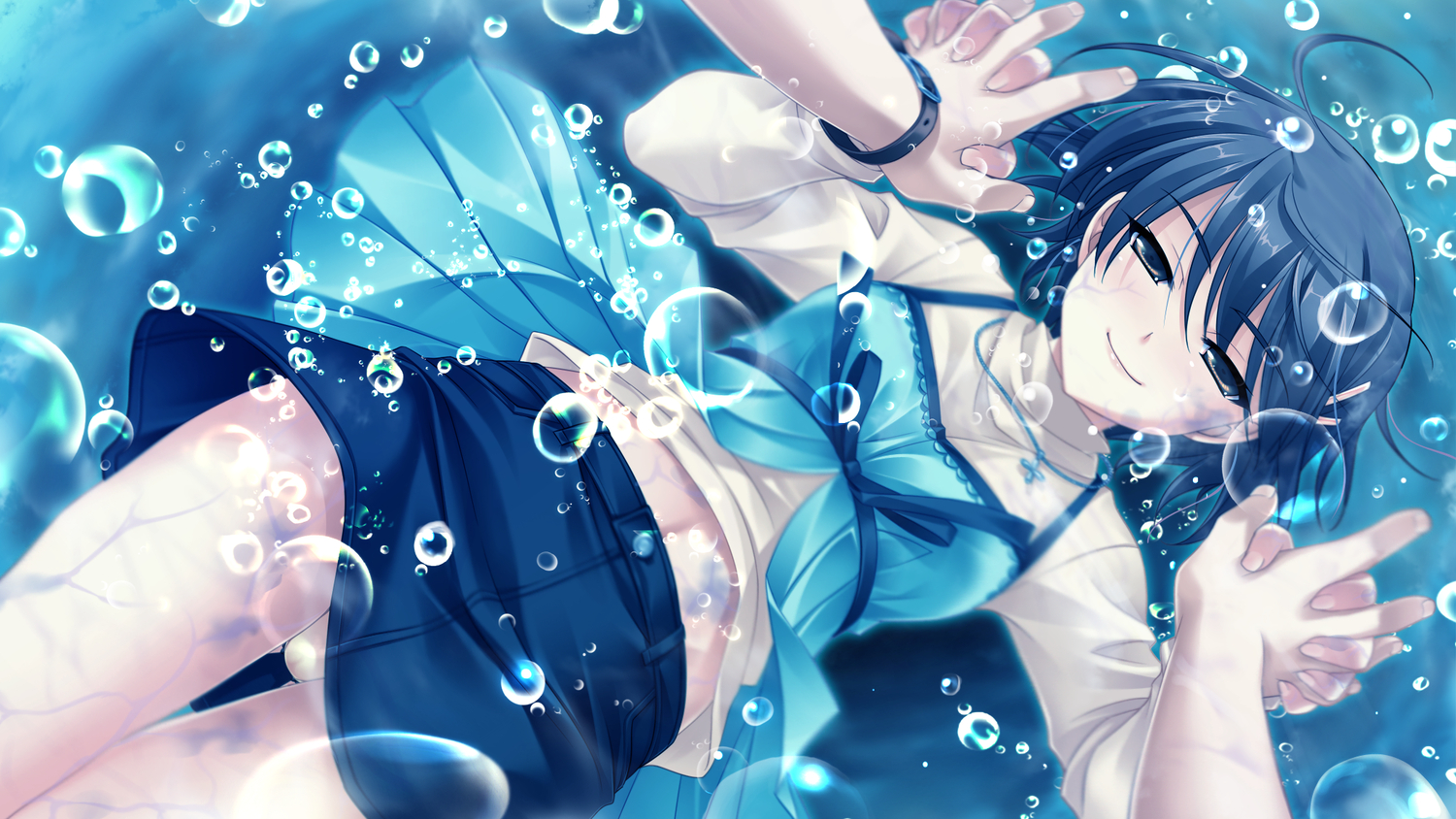 black_hair, cabbit, game_cg, makina_(midori_no_umi), midori_no_umi, panties, saeki_hokuto, short_hair, underwater, underwear, water