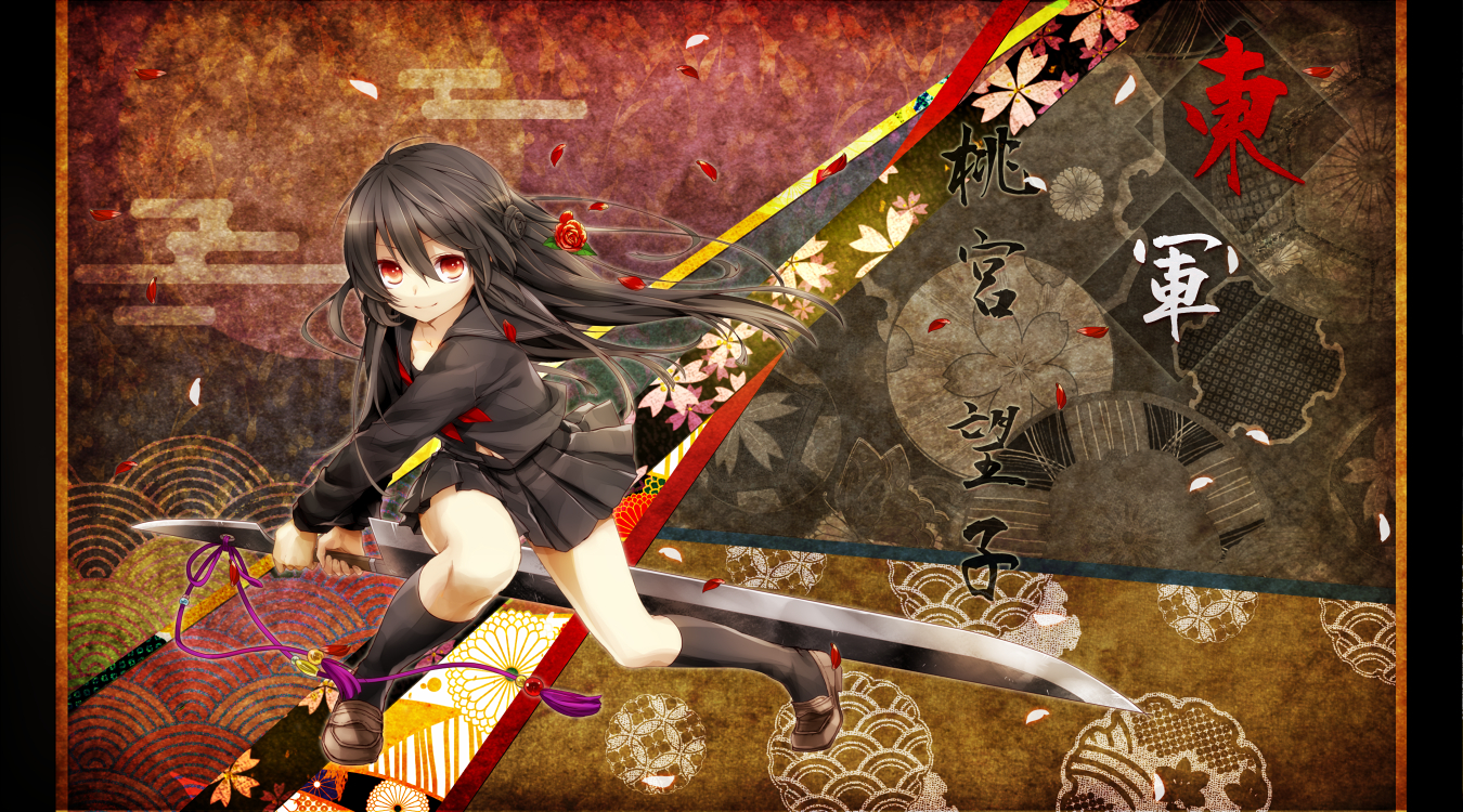 black_hair, ku, long_hair, original, petals, school_uniform, sword, weapon