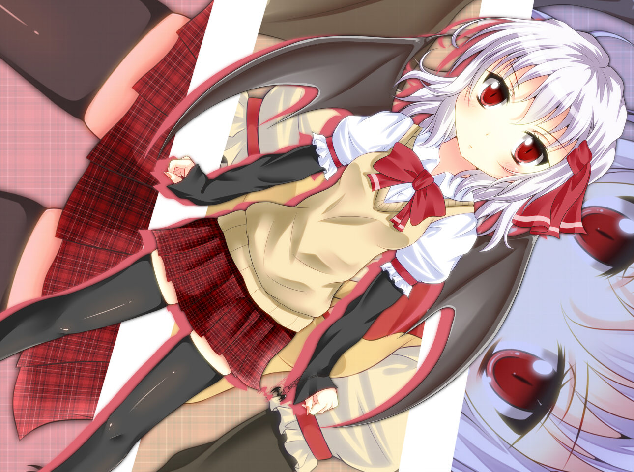 akane_miu, red_eyes, remilia_scarlet, school_uniform, thighhighs, touhou, vampire, wings