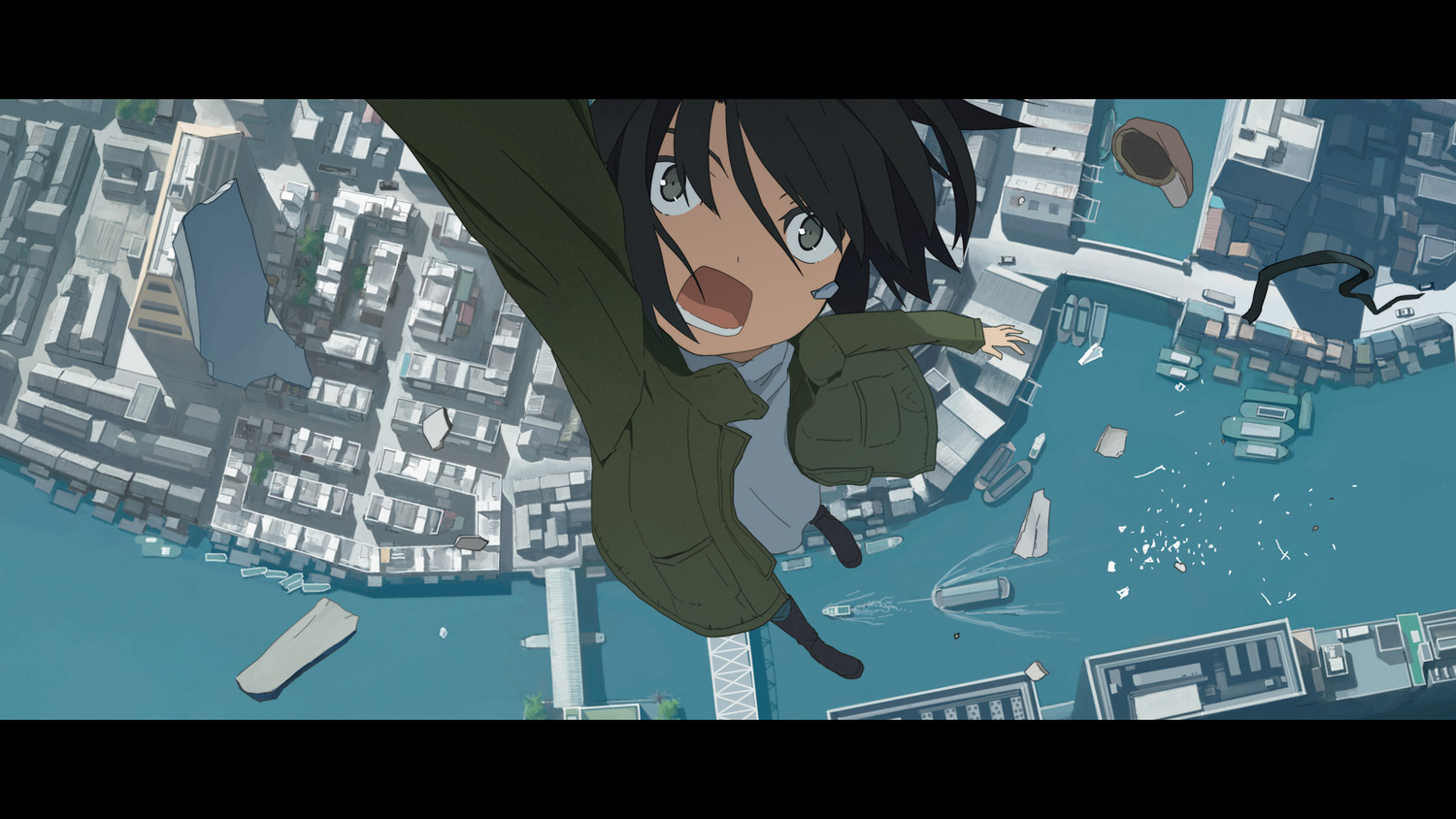 black_hair, boat, green_eyes, hat, kusakabe, original, sky, water
