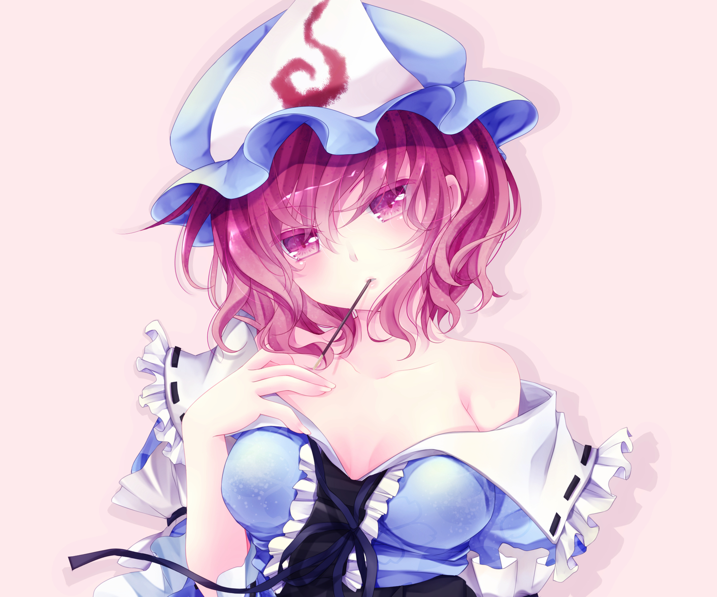breasts, cleavage, dress, food, hat, mikazuki_sara, pink, pink_eyes, pink_hair, pocky, ribbons, saigyouji_yuyuko, short_hair, touhou